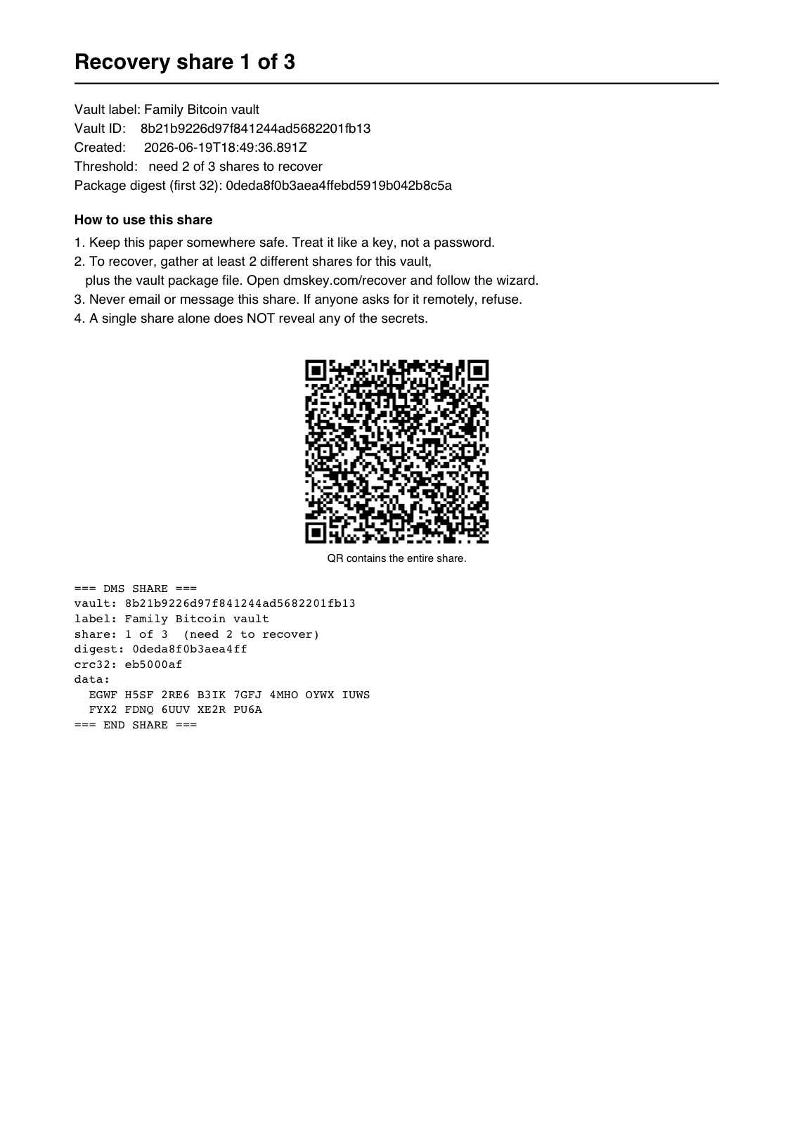 Printed Shamir share card — share 1 of 3 of an example 2-of-3 Bitcoin vault, held by Anna Smith