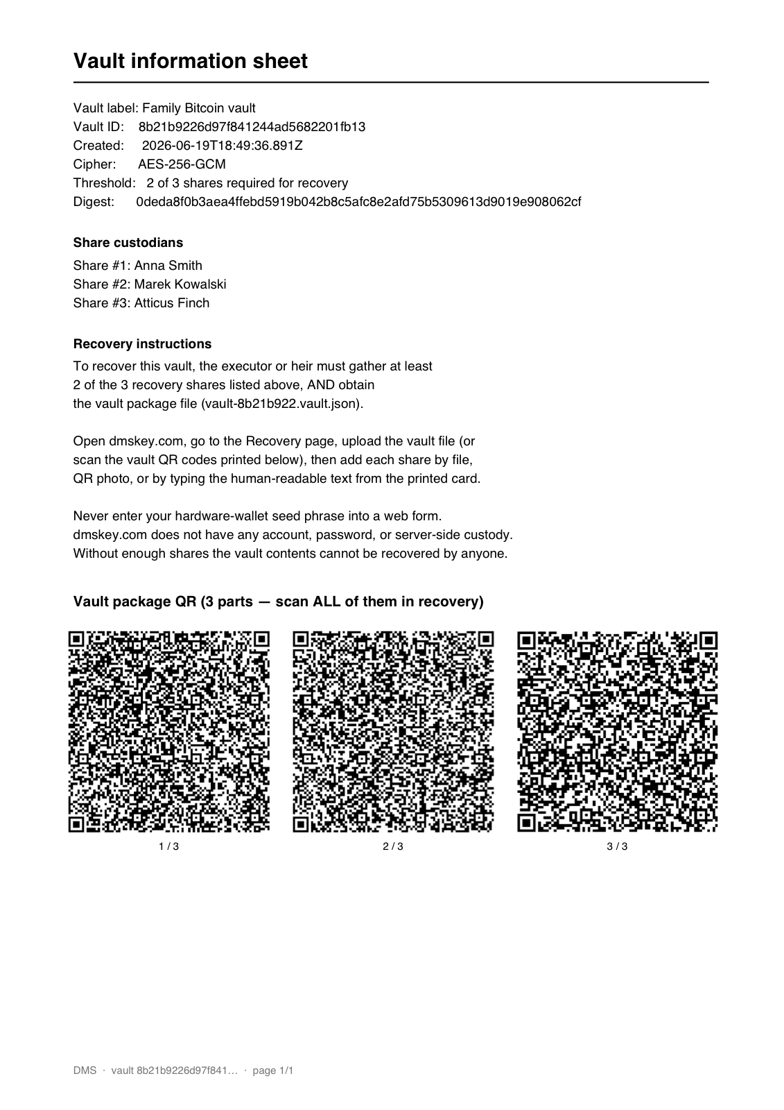 Vault information sheet listing the vault label, vault ID, threshold, share custodian names, recovery instructions, and the vault package QR codes