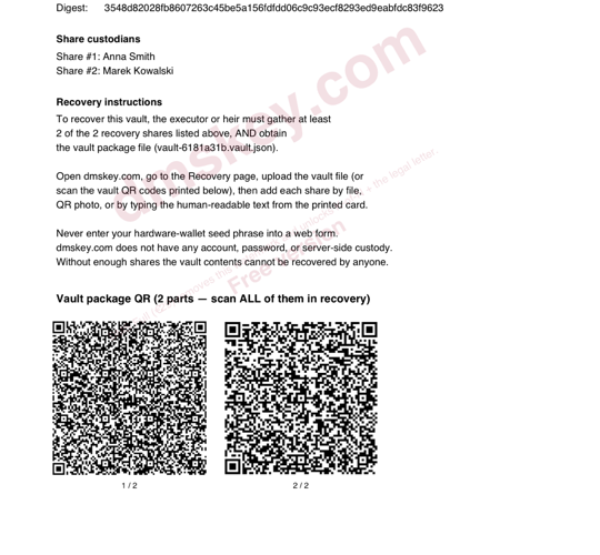 Close-up of the vault info sheet PDF — recovery instructions and vault QR codes with the diagonal 'dmskey.com · Free version · DMS Full (€29) removes this watermark and unlocks K-of-N + the legal letter' stamp across the page