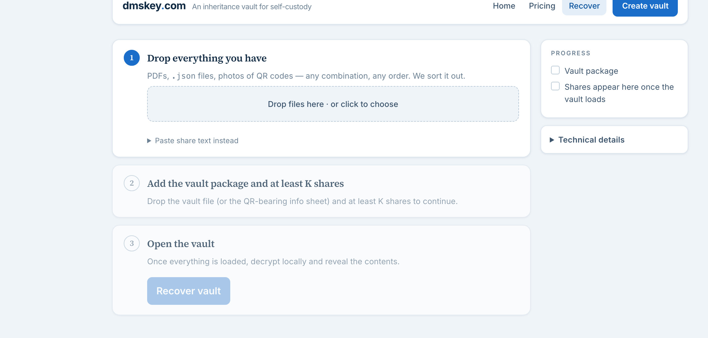 Recover page — single drop zone with progress checklist on the right