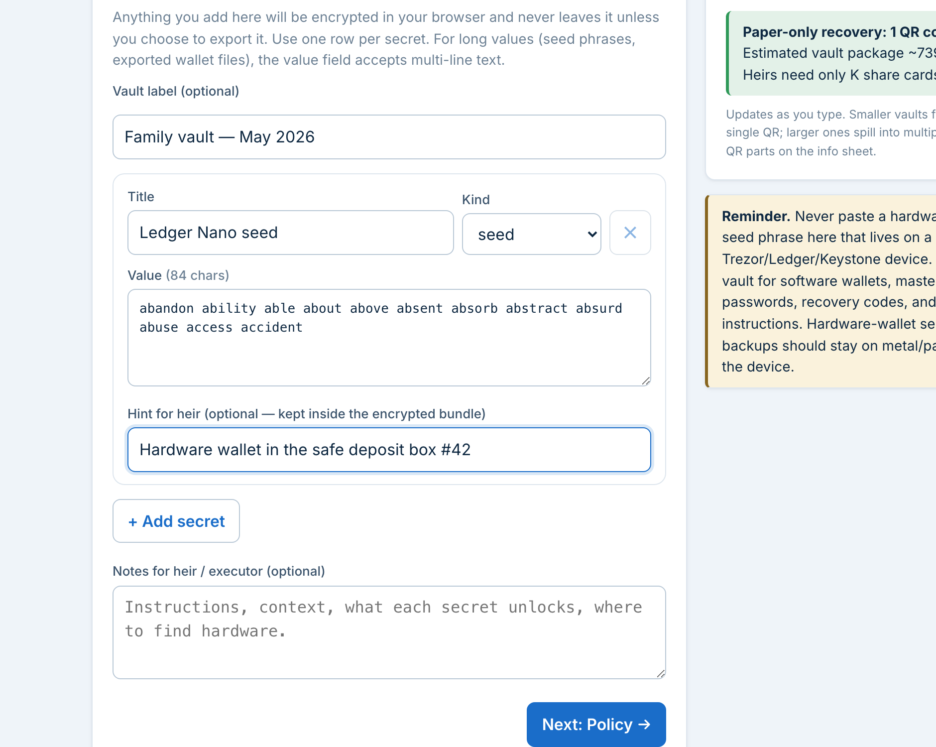 Create wizard — Secrets step with a Ledger seed filled in